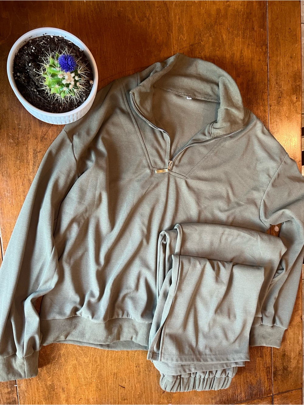Olive Green Waffle Knit Lounge Set Quarter Zip Pullover & Joggers Large NWOT
